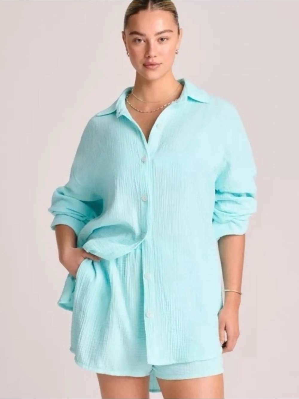 Vitamin A Tallows Cotton Gauze Oversized Button-Down Shirt Aqua Turquoise Size L